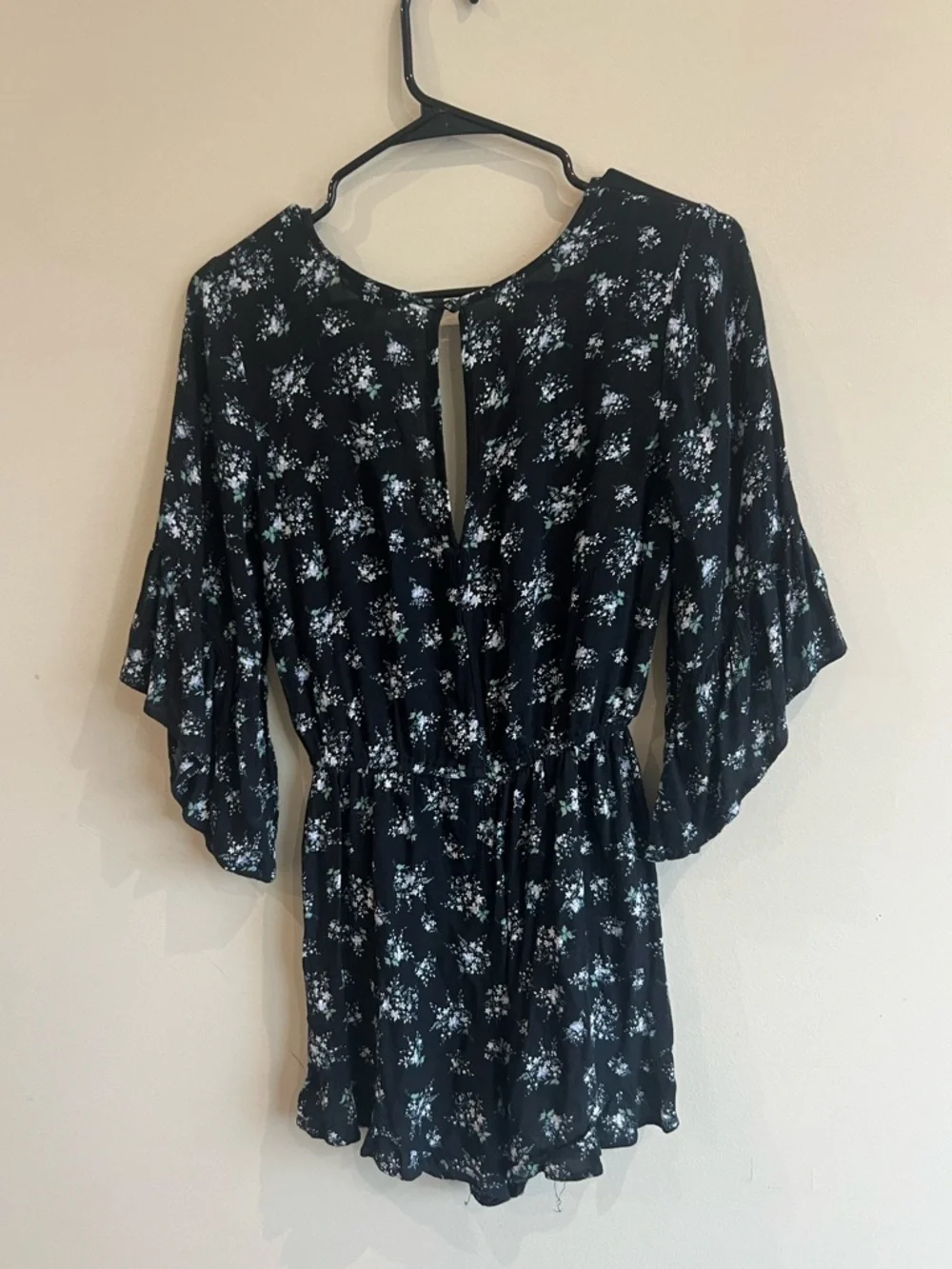 American Eagle Outfitters Black & Blue Floral Wrap Romper - Picture 2 of 5
